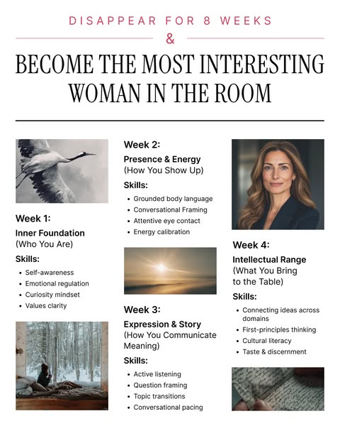 The image ad promotes a program designed to help women become more interesting through self-improvement and skills devel