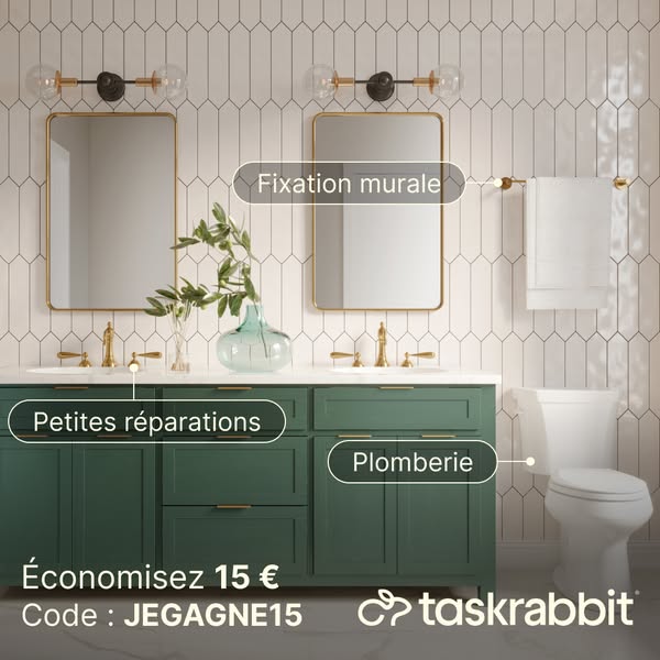 This ad for Taskrabbit features a modern bathroom and highlights the services offered by the company, including small re