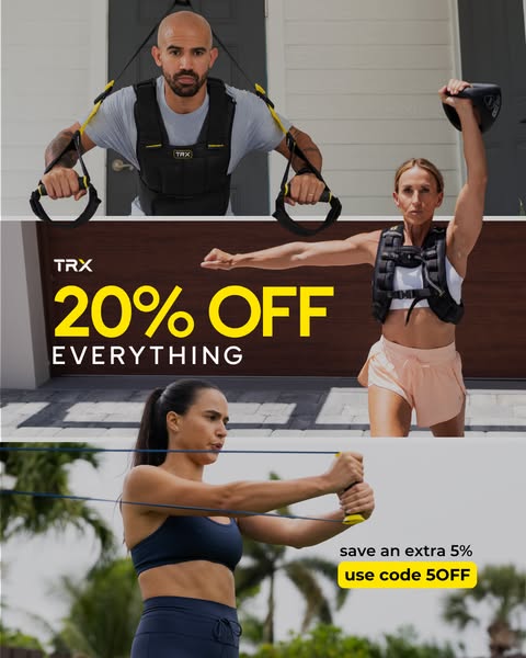 The ad promotes TRX fitness equipment with a sale of 20% off everything, plus an additional 5% off with a code. It featu