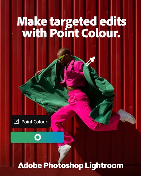 This ad for Adobe Photoshop Lightroom highlights the 'Point Colour' feature, showing a person in bright clothing
