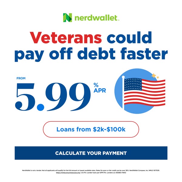 This static image ad from NerdWallet targets veterans with the promise of faster debt payoff through loans ranging from 