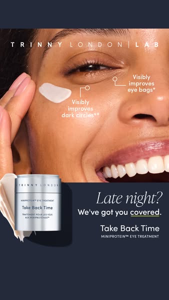 This ad for Trinny London's Miniprotein Eye Treatment features a close-up of a woman's face with the product app