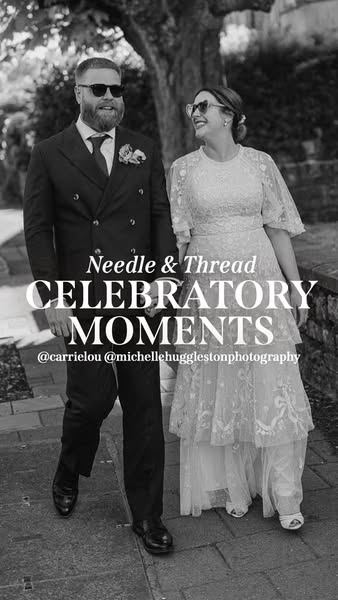 This black and white image shows a couple walking on their wedding day, promoting formal wear from Needle & Thread.