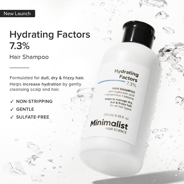 This ad promotes Minimalist's Hydrating Factors 7.3% Hair Shampoo, which is formulated for dull, dry, and frizzy hai