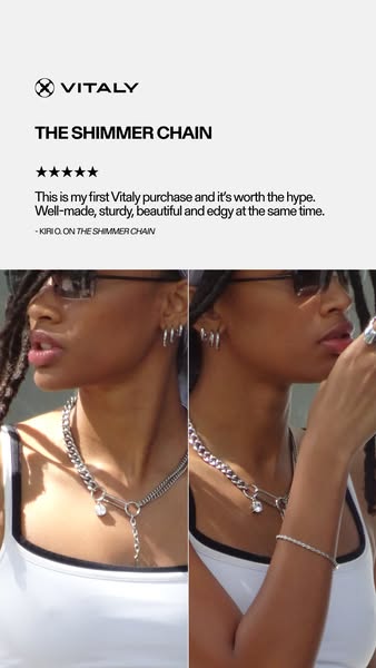 This ad features a customer testimonial for the Vitaly Shimmer Chain. It showcases the product being worn and shares a p