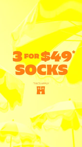 This image ad promotes socks with a special offer: 3 for $49. The ad features a bright yellow background with a beach um