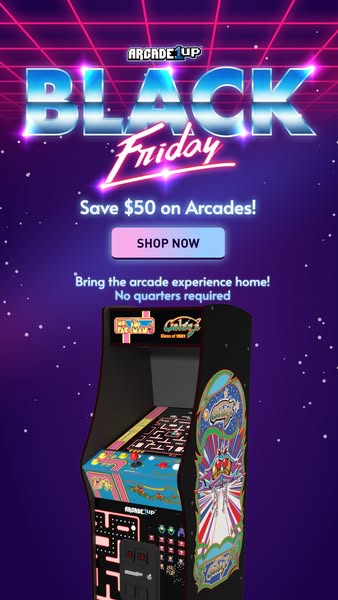 This ad promotes Arcade1Up's Black Friday sale, offering a $50 discount on their arcade machines. It emphasizes brin