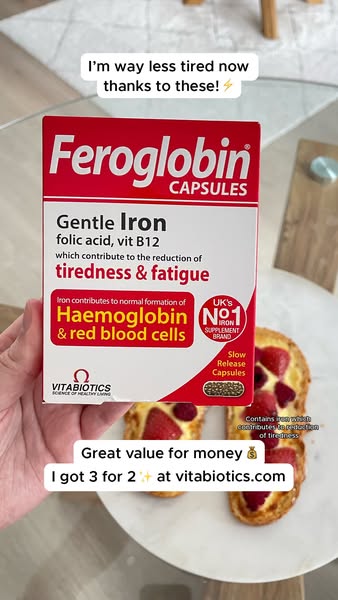 A social media ad promotes Feroglobin capsules for reducing tiredness and fatigue. It features a first-person testimonia