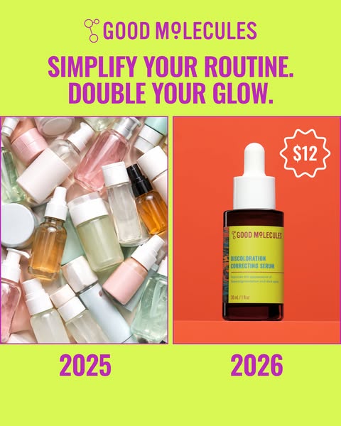 This ad compares a cluttered skincare routine to a simplified one using Good Molecules Discoloration Correcting Serum.