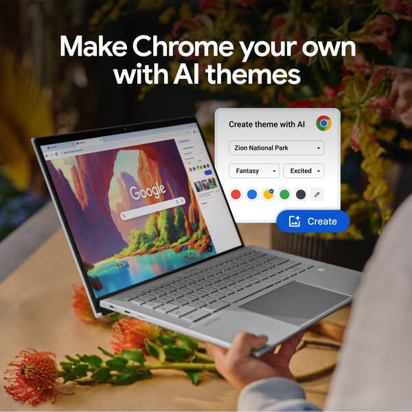 This ad showcases the AI theme creation feature in Chrome, allowing users to personalize their browsing experience. The 