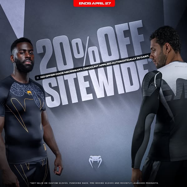 An image ad from Venum featuring two athletes and promoting a 20% off sitewide sale.