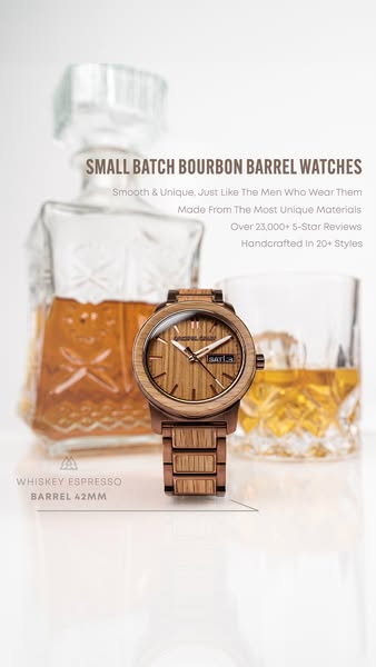 This ad showcases whiskey barrel watches. It promotes the brand's use of unique materials and handcrafted styles, ta