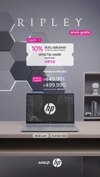 This ad promotes Ripley's deals on HP AMD notebooks. It highlights a limited-time discount of 10% off with a coupon 