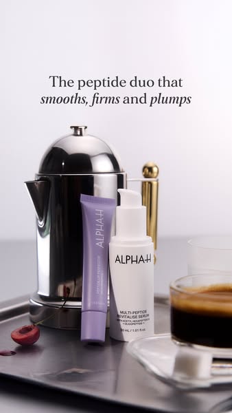 This ad showcases the Alpha-H Peptide Duo and its benefits for smoothing, firming, and plumping the skin, using a lifest