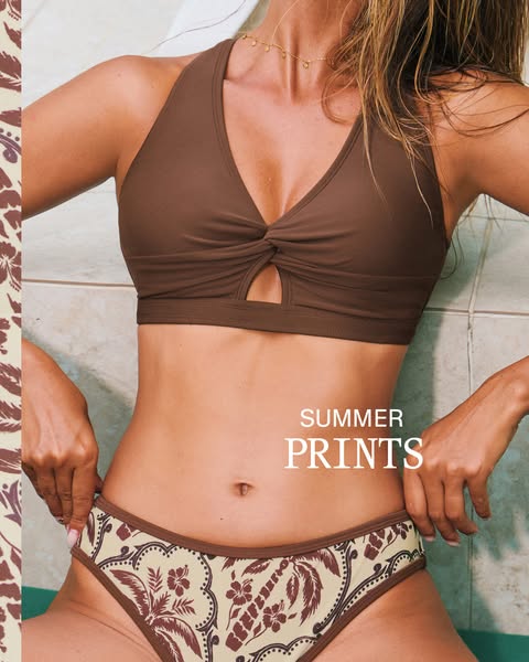 An image ad showcasing a brown athletic-style bikini set from the brand, highlighting the summer prints on the bikini bo