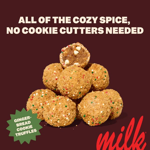This ad showcases Milk Bar's Gingerbread Cookie Truffles, emphasizing their cozy spice flavor without the need for c