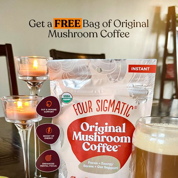 This ad promotes Four Sigmatic's Original Mushroom Coffee by offering a free bag. The ad features a bag of the coffe