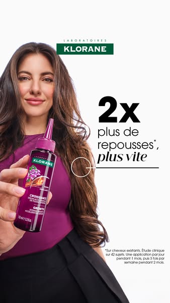 The ad features a woman holding a bottle of KLORANE Growth serum to promote hair regrowth. The ad highlights the product