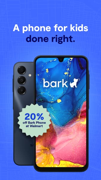 This image ad is for the Bark Phone. It features a promotional offer for 20% off when you purchase the phone at Walmart.