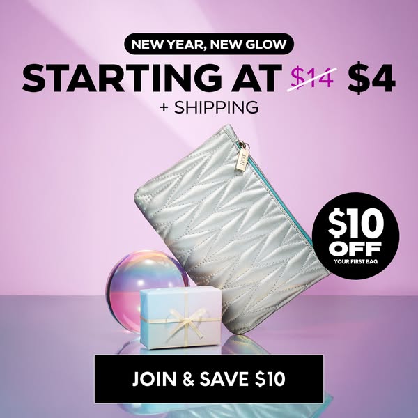 This image ad for Ipsy promotes a New Year, New Glow offer. It features a starting price of $4 plus shipping, and a $10 