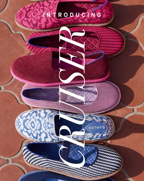 This ad showcases Rothy's 'Cruiser' shoe in a variety of colors.