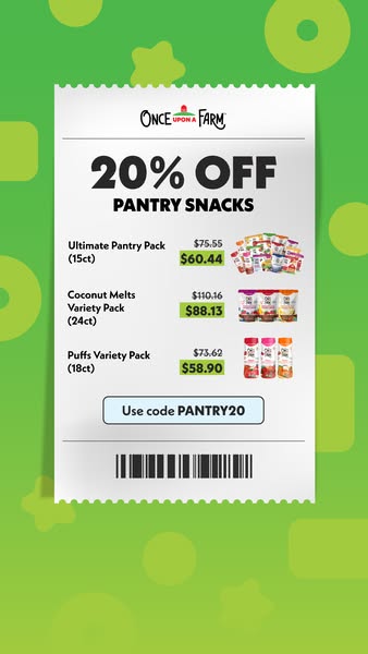 This ad features a coupon for 20% off pantry snacks from Once Upon a Farm. The coupon lists three different pantry pack 