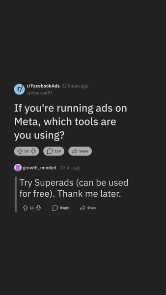 This ad is a screenshot of a social media post on Reddit. The post asks users what tools they are using to run ads on Me