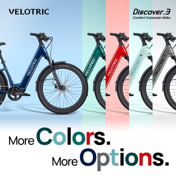 An ad featuring the Velotric Discover.3 comfort commuter ebike displayed in five different color options. The ad emphasi