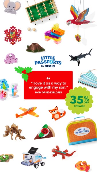 This ad for Little Passports features a variety of toys and activities, along with a quote from a parent about how much 
