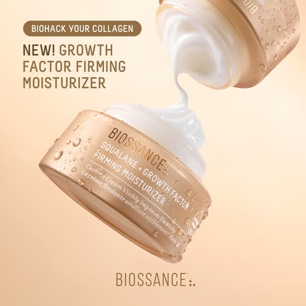 This ad showcases Biossance's Squalane + Growth Factor Firming Moisturizer. The ad highlights the product's abil