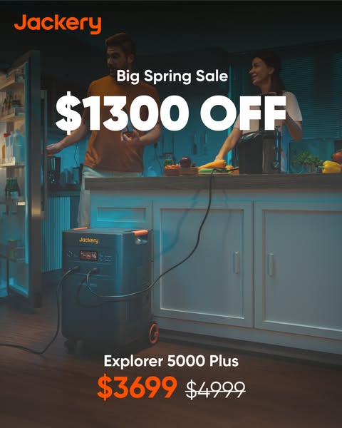 This ad features the Jackery Explorer 5000 Plus power station in a modern kitchen setting, highlighting a significant di