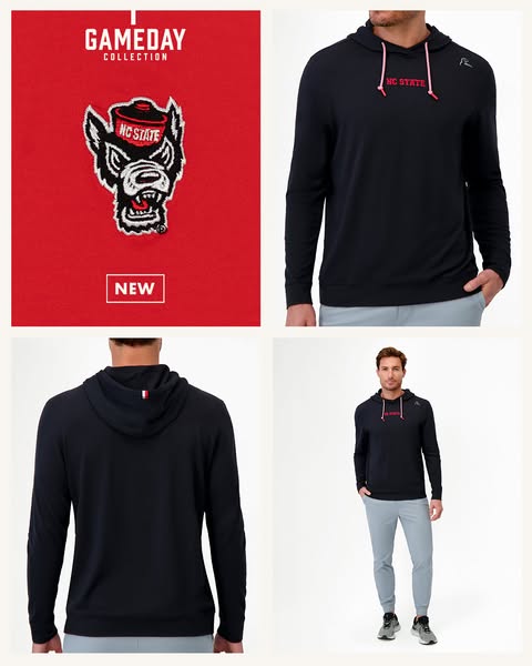 This ad features a collage of four images showcasing a black long-sleeved hooded shirt with the NC State logo. The ad hi