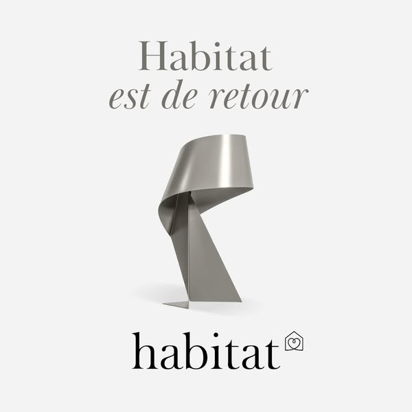 This image ad features a modern lamp and announces the return of the Habitat brand.
