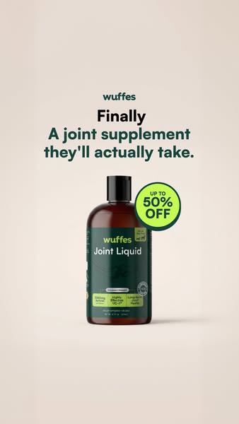 This ad promotes Wuffes Joint Liquid, a supplement designed to aid in pets' joint health. It features a bottle of th