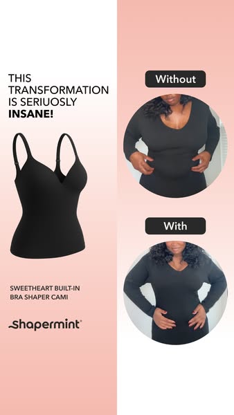 This ad features a transformation using Shapermint's Sweetheart Built-In Bra Shaper Cami, showcasing a before-and-af