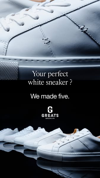 This ad showcases five different white sneakers from the brand GREATS, highlighting the variety of options available.