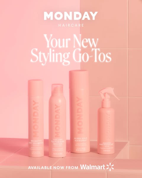 Image promoting MONDAY Haircare's styling product line, now available at Walmart. The monochromatic styling creates 