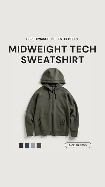 This image ad showcases a hooded sweatshirt, emphasizing its blend of performance and comfort, and highlighting its avai