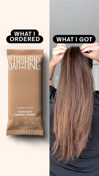 This ad uses a split screen to compare a Sträva Craft Coffee collagen protein bar to the results of using the product, w