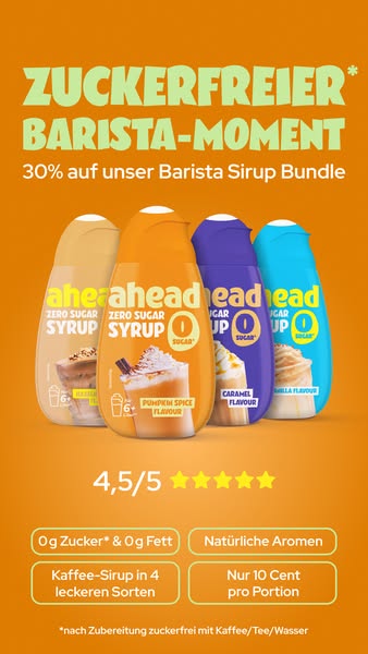 This ad promotes Ahead zero sugar barista syrups, highlighting their sugar-free nature, variety of flavors, and a specia