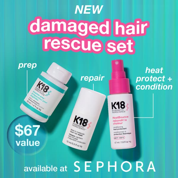 This ad features K18's hair care set for damaged hair, showcasing three products: peptide prep shampoo, a leave-in m