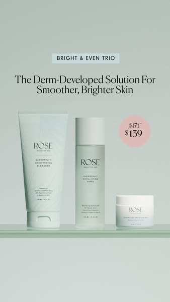 This ad showcases a set of three skin care products which is presented as a derm-developed solution for smoother, bright