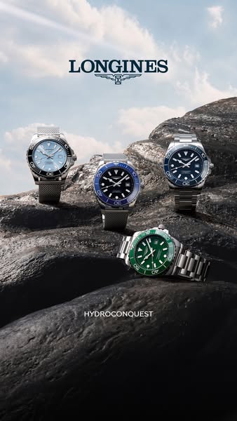 This ad features multiple Longines Hydroconquest watches positioned on a rocky surface, highlighting their design and du