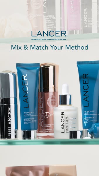 This ad for Lancer skincare products features a selection of their products presented on a glass shelf. The ad encourage
