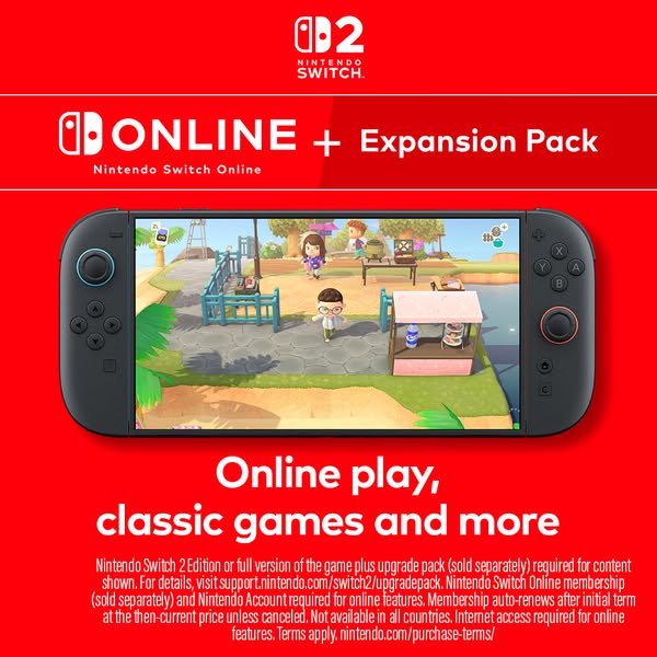 Ad for Nintendo Switch Online + Expansion Pack. The ad shows a Nintendo Switch console displaying an image of Animal Cro
