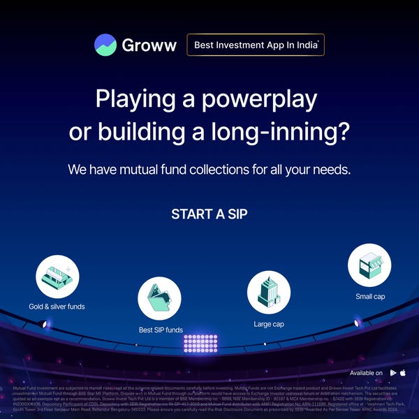 The image ad promotes Groww, an investment app in India. It poses the question of whether to play a power play or build 