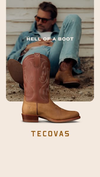 The ad showcases Tecovas cowboy boots against a backdrop of a person casually relaxing. It emphasizes the brand's as