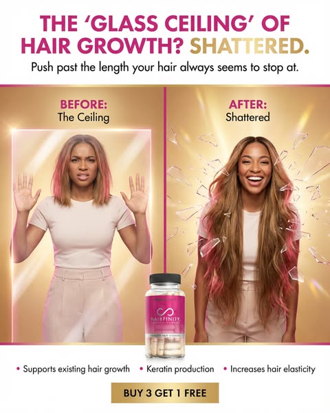 This image ad uses a before-and-after format to showcase the benefits of Hairfinity hair growth supplements. The ad feat
