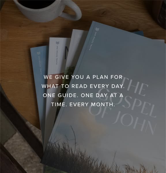 The ad promotes a daily reading plan in the form of a physical guide. The image features a stack of these guides in a fl