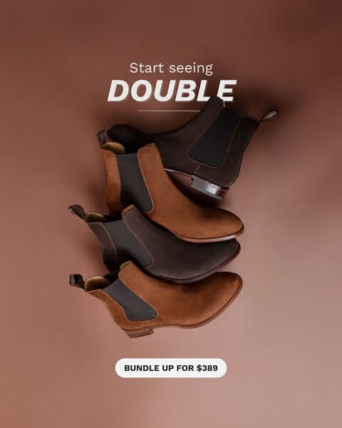 This ad features a stack of four Chelsea boots in two different shades of brown. The ad encourages viewers to purchase a